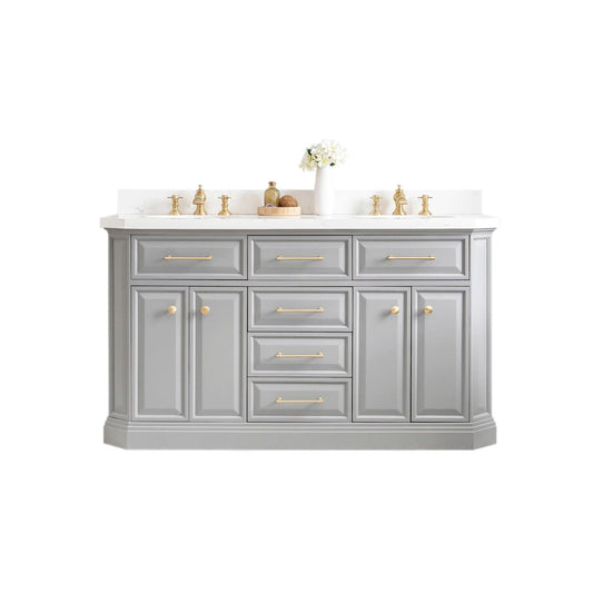 Water Creation PA60QZ06CG-000FX1306 PALACE 60"W x 34"H Cashmere Gray Vanity with Carrara Quartz Countertop + Faucets & Mirrors (F2-0013), Satin Gold Finish Hardware & Chrome Finish Mirror (A)