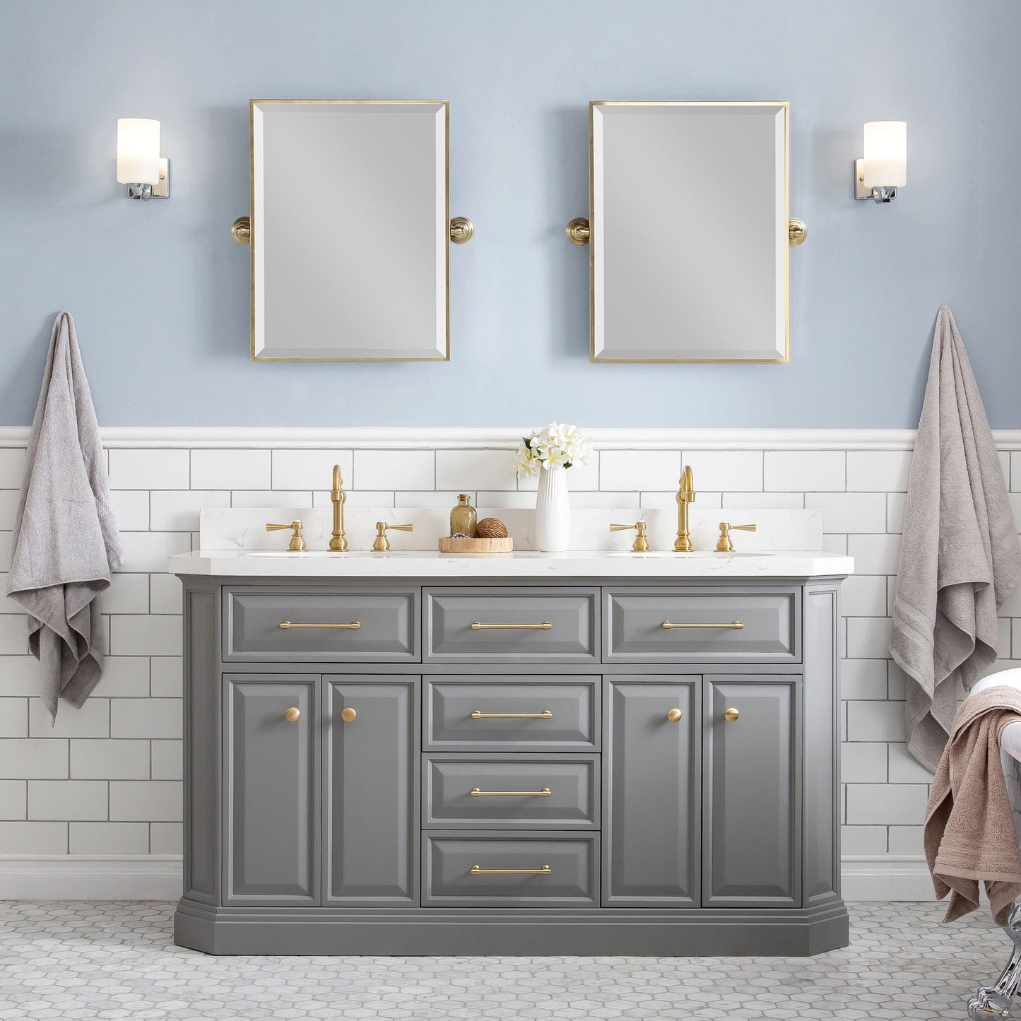 Water Creation PA60QZ06CG-000TL1206 PALACE 60"W x 34"H Cashmere Gray Vanity with Carrara Quartz Countertop + Faucets & Mirrors (F2-0012), Satin Gold Finish Hardware & Chrome Finish Mirror (A)