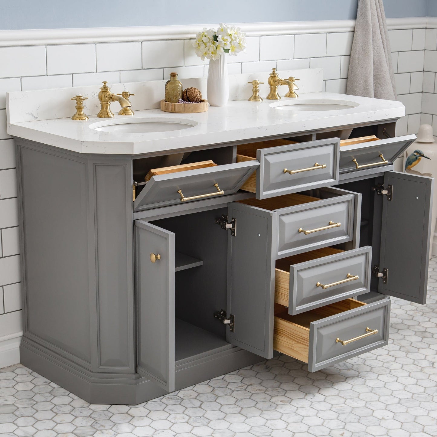 Water Creation PA60QZ06CG-E18FX1306 PALACE 60"W x 34"H Cashmere Gray Vanity with Carrara Quartz Countertop + Faucets & Mirrors (F2-0013), Satin Gold Finish Hardware & Chrome Finish Mirror (B)