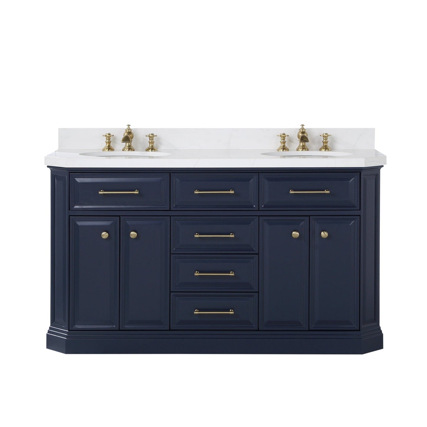 Water Creation PA60QZ06MB-000FX1306 PALACE 60"W x 34"H Monarch Blue Double-Sink Vanity with White Quartz Countertop + Faucets (Waterfall Faucets)