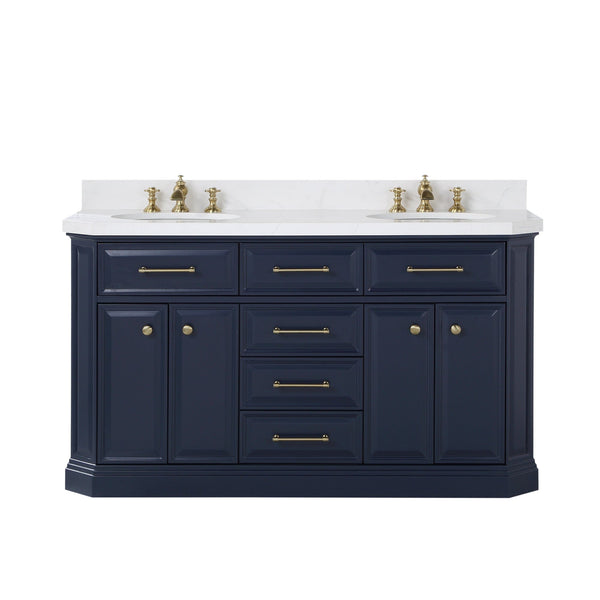 Water Creation PA60QZ06MB-000FX1306 PALACE 60W x 34H Monarch Blue Double-Sink Vanity with White Quartz Countertop + Faucets (Waterfall Faucets)