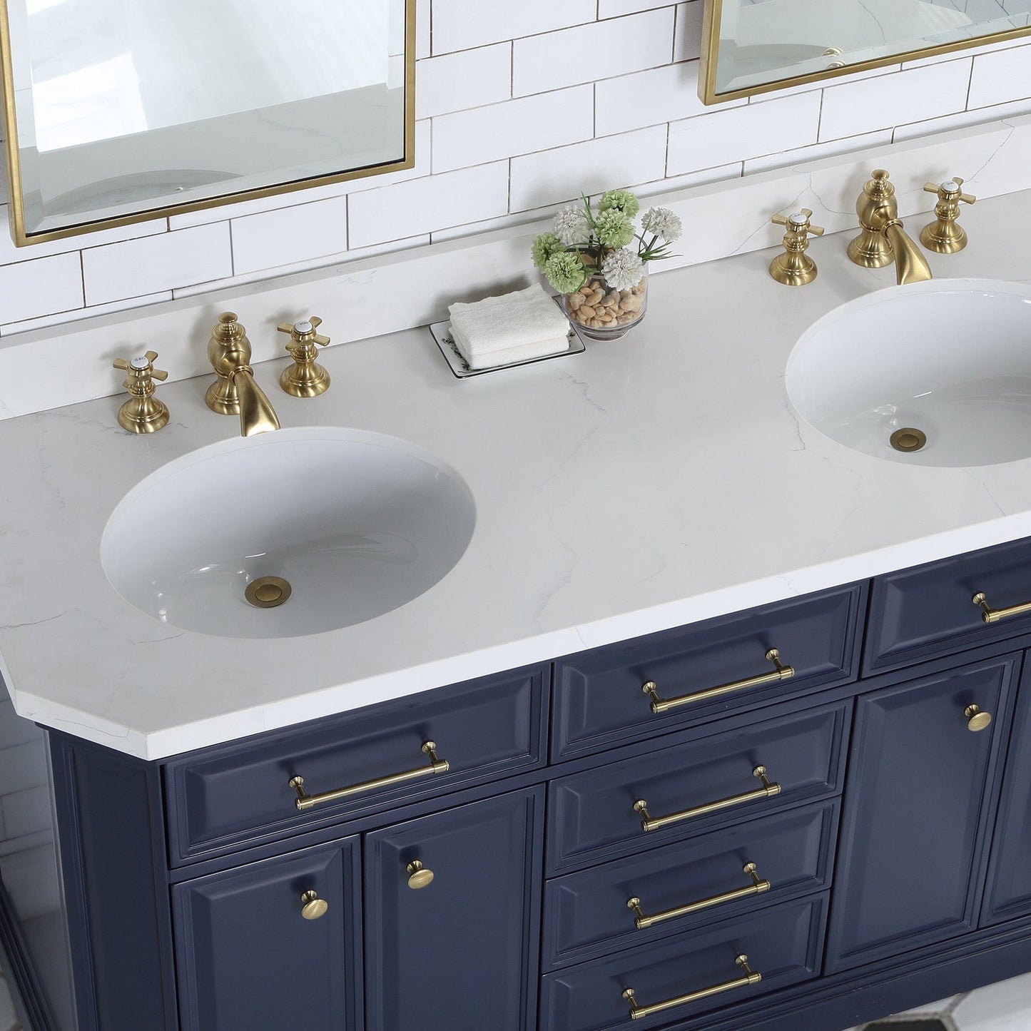 Water Creation PA60QZ06MB-000FX1306 PALACE 60"W x 34"H Monarch Blue Double-Sink Vanity with White Quartz Countertop + Faucets (Waterfall Faucets)