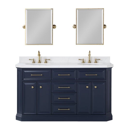 Water Creation PA60QZ06MB-E18000000 PALACE 60"W x 34"H Monarch Blue Double-Sink Vanity with White Quartz Countertop + Mirrors