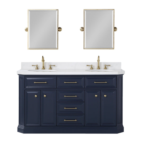 Water Creation PA60QZ06MB-E18000000 PALACE 60W x 34H Monarch Blue Double-Sink Vanity with White Quartz Countertop + Mirrors