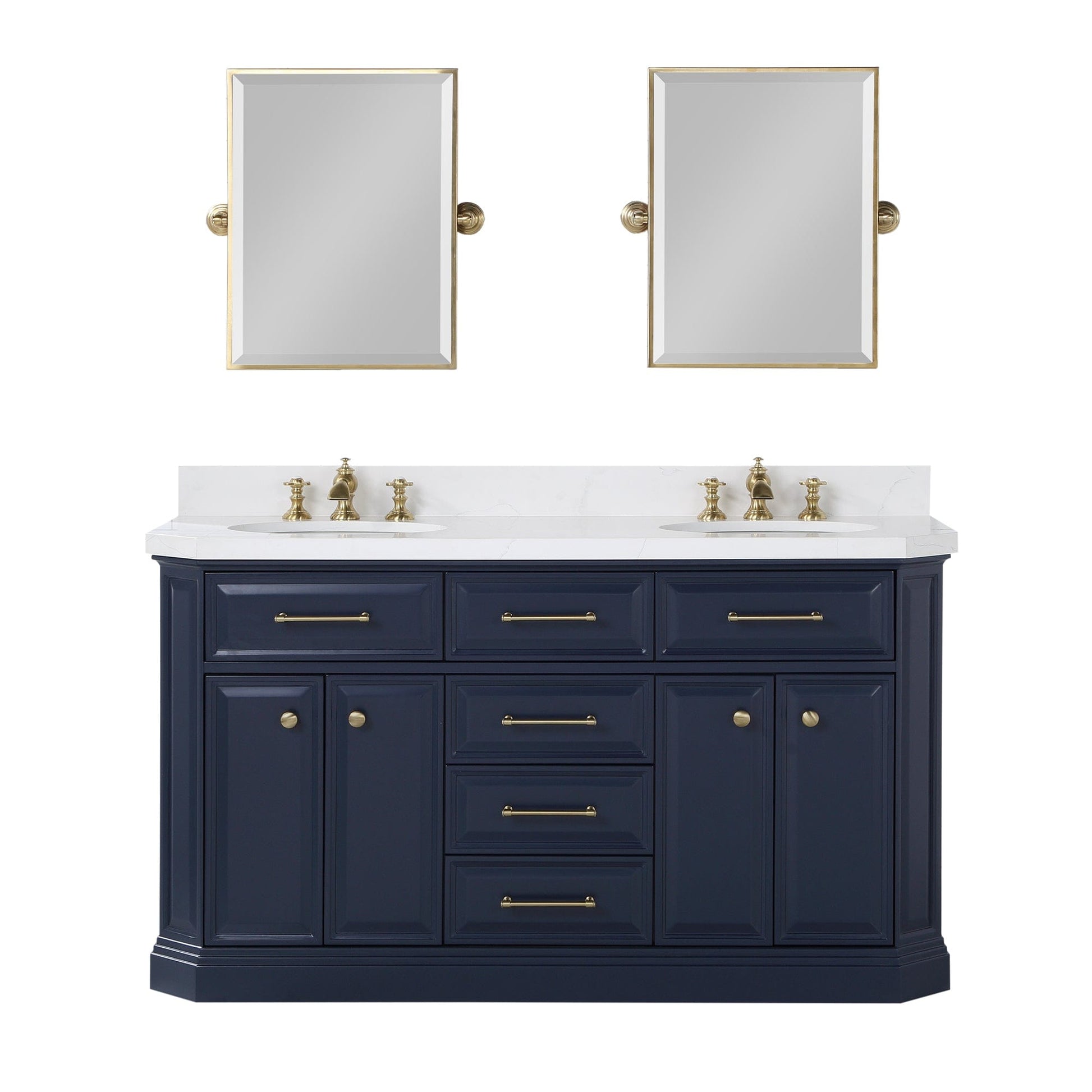 Water Creation PA60QZ06MB-E18FX1306 PALACE 60"W x 34"H Monarch Blue Double-Sink Vanity with White Quartz Countertop + Faucets & Mirrors (Waterfall Faucets)