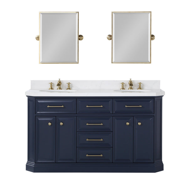 Water Creation PA60QZ06MB-E18FX1306 PALACE 60W x 34H Monarch Blue Double-Sink Vanity with White Quartz Countertop + Faucets & Mirrors (Waterfall Faucets)