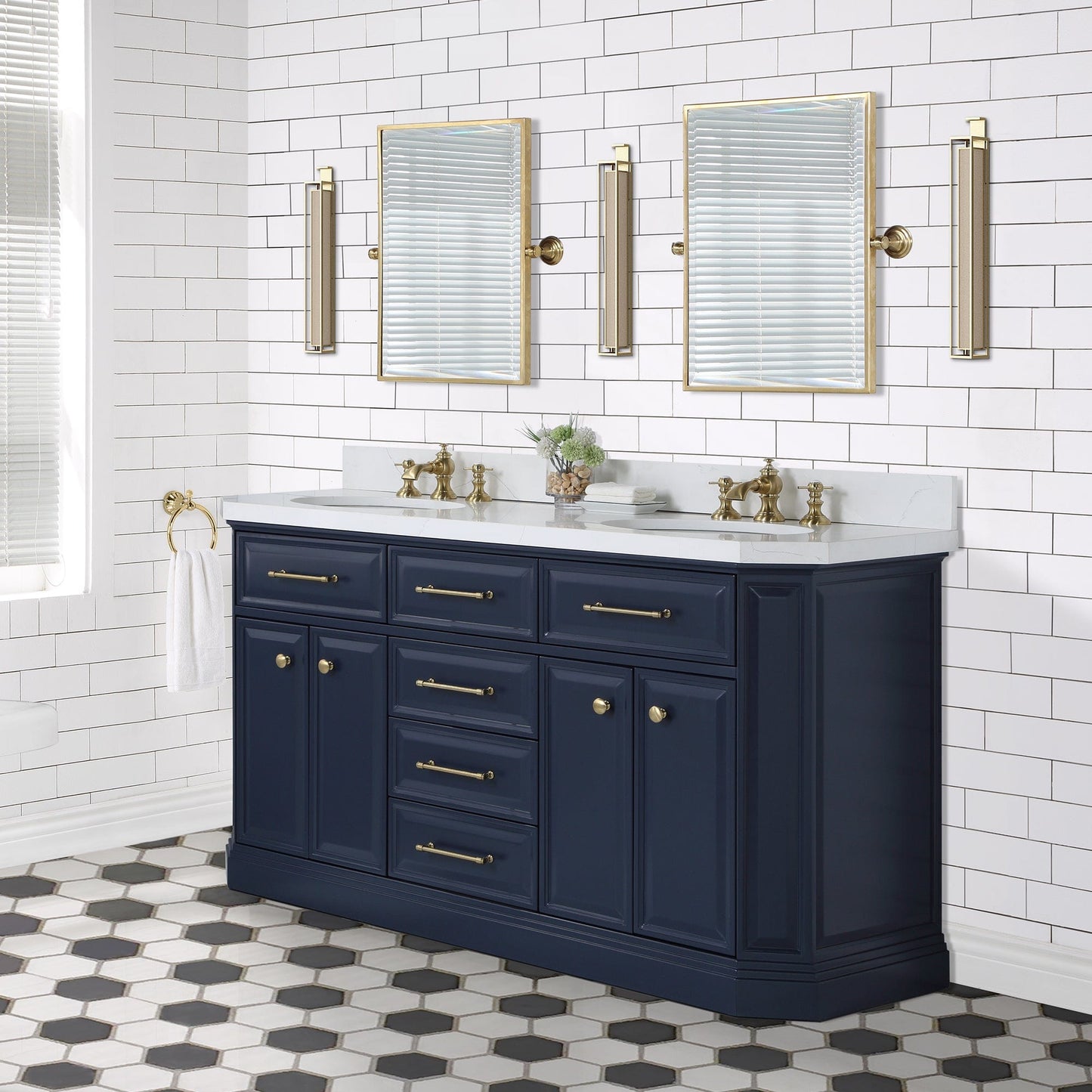 Water Creation PA60QZ06MB-E18FX1306 PALACE 60"W x 34"H Monarch Blue Double-Sink Vanity with White Quartz Countertop + Faucets & Mirrors (Waterfall Faucets)