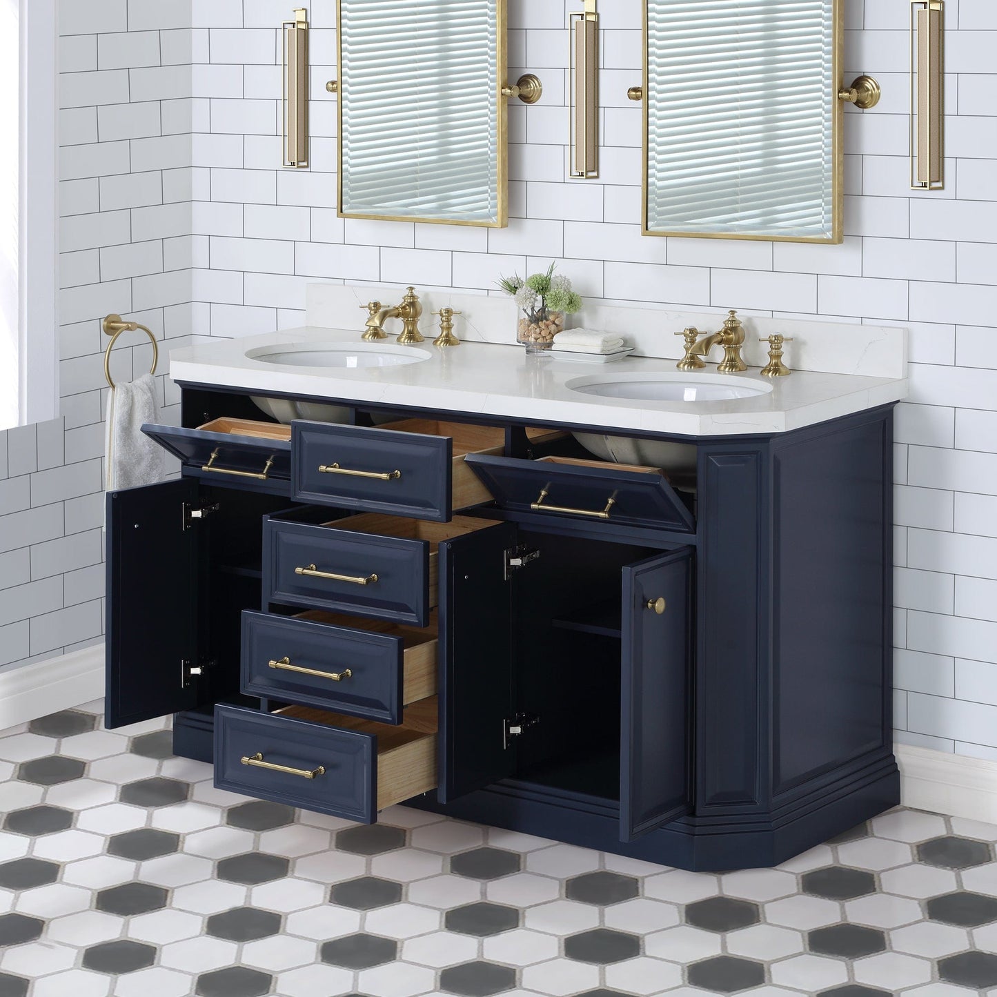 Water Creation PA60QZ06MB-E18FX1306 PALACE 60"W x 34"H Monarch Blue Double-Sink Vanity with White Quartz Countertop + Faucets & Mirrors (Waterfall Faucets)