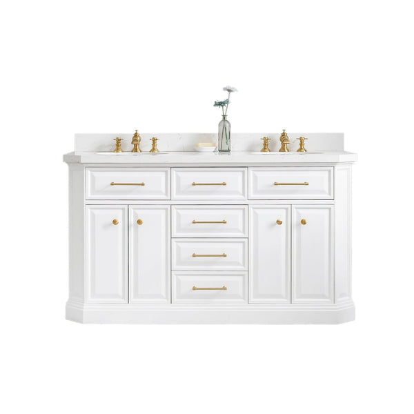 Water Creation PA60QZ06PW-000000000 PALACE 60W x 34H Pure White Vanity with Carrara Quartz Countertop + Mirrors, Satin Gold Finish Hardware & Chrome Finish Mirror (A)