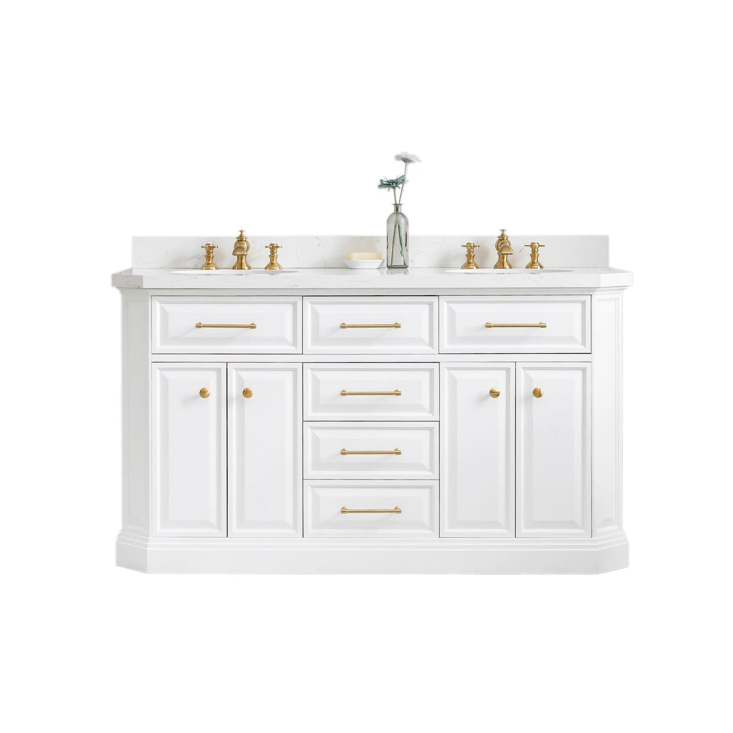 Water Creation PA60QZ06PW-000FX1306 PALACE 60"W x 34"H Pure White Vanity with Carrara Quartz Countertop + Faucets & Mirrors (F2-0013), Satin Gold Finish Hardware & Chrome Finish Mirror (A)