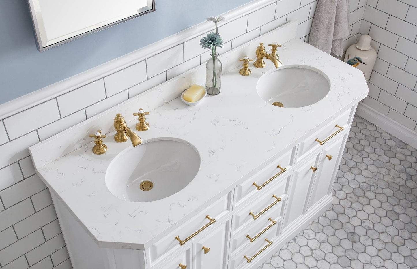 Water Creation PA60QZ06PW-000FX1306 PALACE 60"W x 34"H Pure White Vanity with Carrara Quartz Countertop + Faucets & Mirrors (F2-0013), Satin Gold Finish Hardware & Chrome Finish Mirror (A)