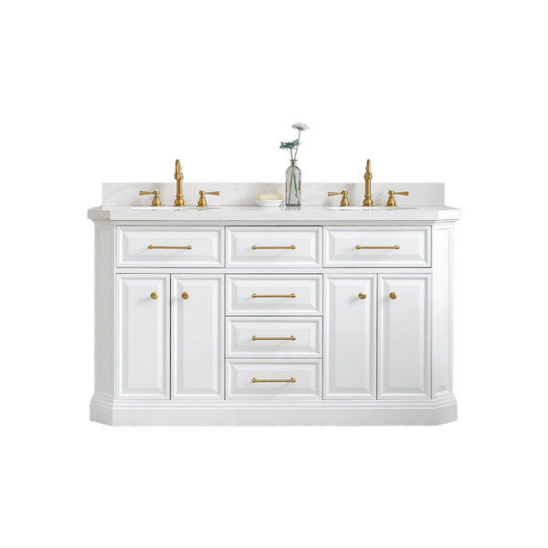 Water Creation PA60QZ06PW-000TL1206 PALACE 60W x 34H Pure White Vanity with Carrara Quartz Countertop + Faucets & Mirrors (F2-0012), Satin Gold Finish Hardware & Chrome Finish Mirror (A)