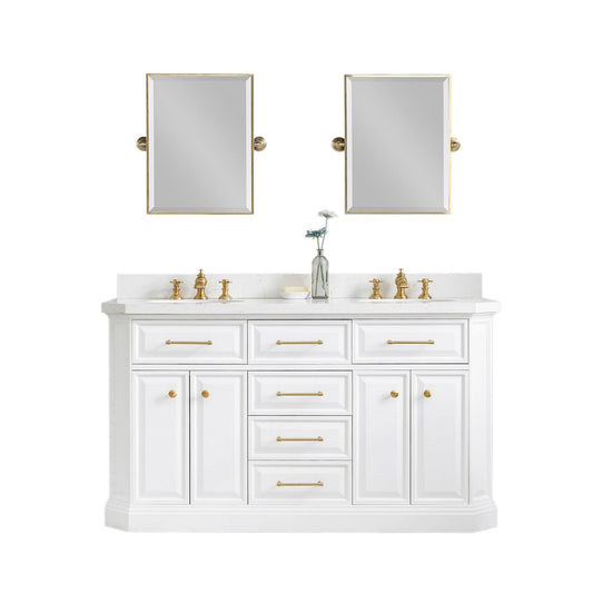 Water Creation PA60QZ06PW-E18FX1306 PALACE 60"W x 34"H Pure White Vanity with Carrara Quartz Countertop + Faucets & Mirrors (F2-0013), Satin Gold Finish Hardware & Chrome Finish Mirror (B)