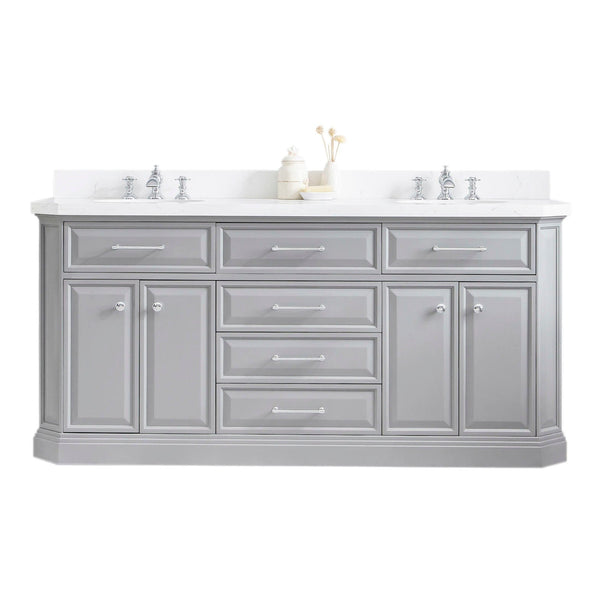 Water Creation PA72QZ01CG-000FX1301 PALACE 72W x 34H Cashmere Gray Vanity with Carrara Quartz Countertop + Faucets (F2-0013), Chrome Finish Hardware