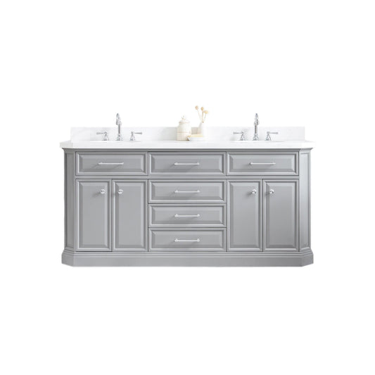 Water Creation PA72QZ01CG-000TL1201 PALACE 72"W x 34"H Cashmere Gray Vanity with Carrara Quartz Countertop + Faucets (F2-0012), Chrome Finish Hardware