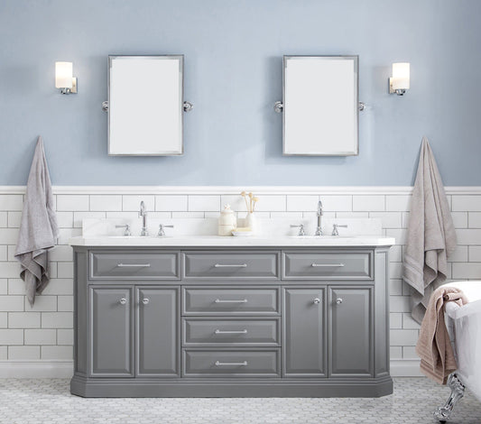 Water Creation PA72QZ01CG-000TL1201 PALACE 72"W x 34"H Cashmere Gray Vanity with Carrara Quartz Countertop + Faucets (F2-0012), Chrome Finish Hardware