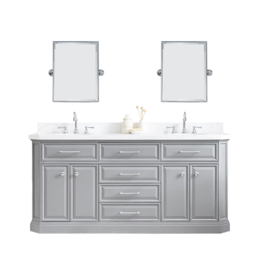 Water Creation PA72QZ01CG-E18TL1201 PALACE 72"W x 34"H Cashmere Gray Vanity with Carrara Quartz Countertop + Faucets & Mirror (F2-0012), Chrome Finish Hardware & Mirror