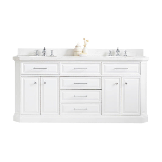 Water Creation PA72QZ01PW-000FX1301 PALACE 72"W x 34"H Pure White Vanity with Carrara Quartz Countertop + Faucets (F2-0013), Chrome Finish Hardware