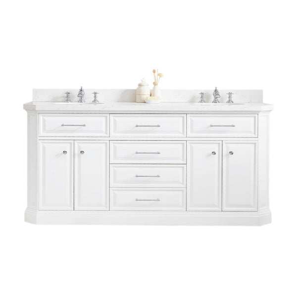 Water Creation PA72QZ01PW-000FX1301 PALACE 72W x 34H Pure White Vanity with Carrara Quartz Countertop + Faucets (F2-0013), Chrome Finish Hardware