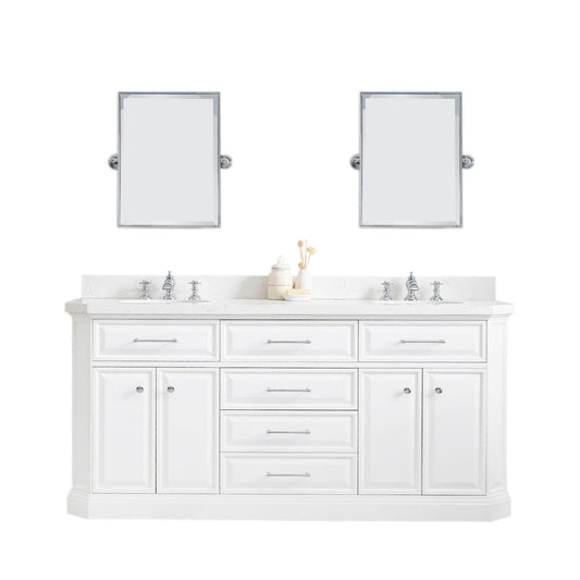 Water Creation PA72QZ01PW-E18FX1301 PALACE 72"W x 34"H Pure White Vanity with Carrara Quartz Countertop + Faucets & Mirror (F2-0013), Chrome Finish Hardware & Mirror