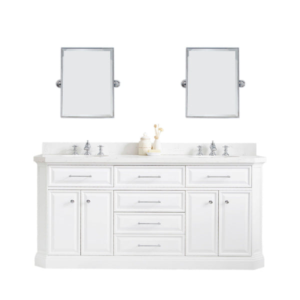 Water Creation PA72QZ01PW-E18FX1301 PALACE 72W x 34H Pure White Vanity with Carrara Quartz Countertop + Faucets & Mirror (F2-0013), Chrome Finish Hardware & Mirror