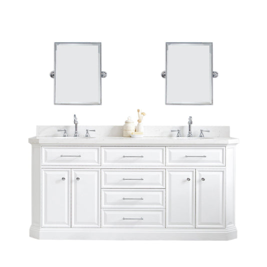 Water Creation PA72QZ01PW-E18TL1201 PALACE 72"W x 34"H Pure White Vanity with Carrara Quartz Countertop + Faucets & Mirror (F2-0012), Chrome Finish Hardware & Mirror