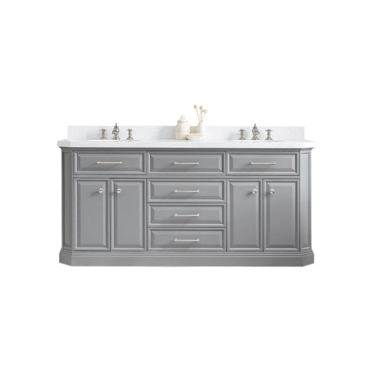 Water Creation PA72QZ05CG-000FX1305 PALACE 72"W x 34"H Cashmere Gray Vanity with Carrara Quartz Countertop + Faucets (F2-0013), Polished Nickel Finish Hardware