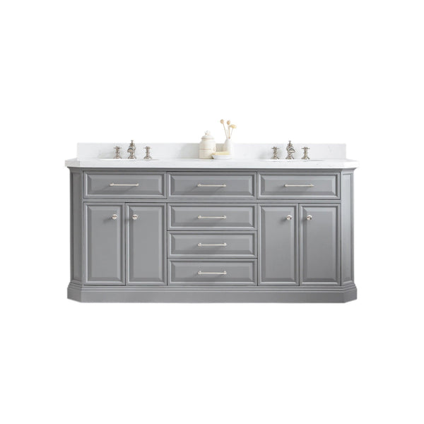 Water Creation PA72QZ05CG-000FX1305 PALACE 72W x 34H Cashmere Gray Vanity with Carrara Quartz Countertop + Faucets (F2-0013), Polished Nickel Finish Hardware