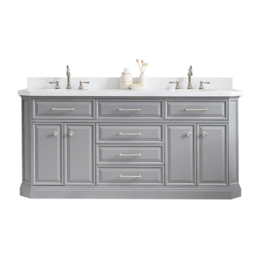 Water Creation PA72QZ05CG-000TL1205 PALACE 72"W x 34"H Cashmere Gray Vanity with Carrara Quartz Countertop + Faucets (F2-0012), Polished Nickel Finish Hardware