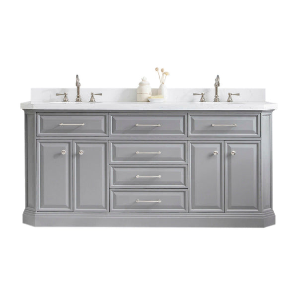 Water Creation PA72QZ05CG-000TL1205 PALACE 72W x 34H Cashmere Gray Vanity with Carrara Quartz Countertop + Faucets (F2-0012), Polished Nickel Finish Hardware