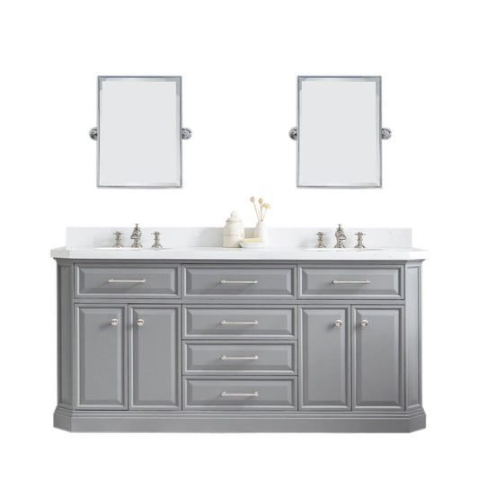 Water Creation PA72QZ05CG-E18000000 PALACE 72"W x 34"H Cashmere Gray Vanity with Carrara Quartz Countertop + Mirror, Polished Nickel Finish Hardware & Mirror