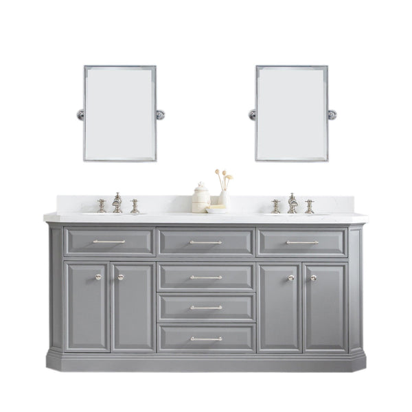 Water Creation PA72QZ05CG-E18000000 PALACE 72W x 34H Cashmere Gray Vanity with Carrara Quartz Countertop + Mirror, Polished Nickel Finish Hardware & Mirror