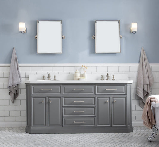 Water Creation PA72QZ05CG-E18000000 PALACE 72"W x 34"H Cashmere Gray Vanity with Carrara Quartz Countertop + Mirror, Polished Nickel Finish Hardware & Mirror