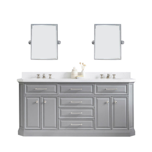 Water Creation PA72QZ05CG-E18BX0905 PALACE 72"W x 34"H Cashmere Gray Vanity with Carrara Quartz Countertop + Faucets & Mirror (F2-0009), Polished Nickel Finish Hardware & Mirror