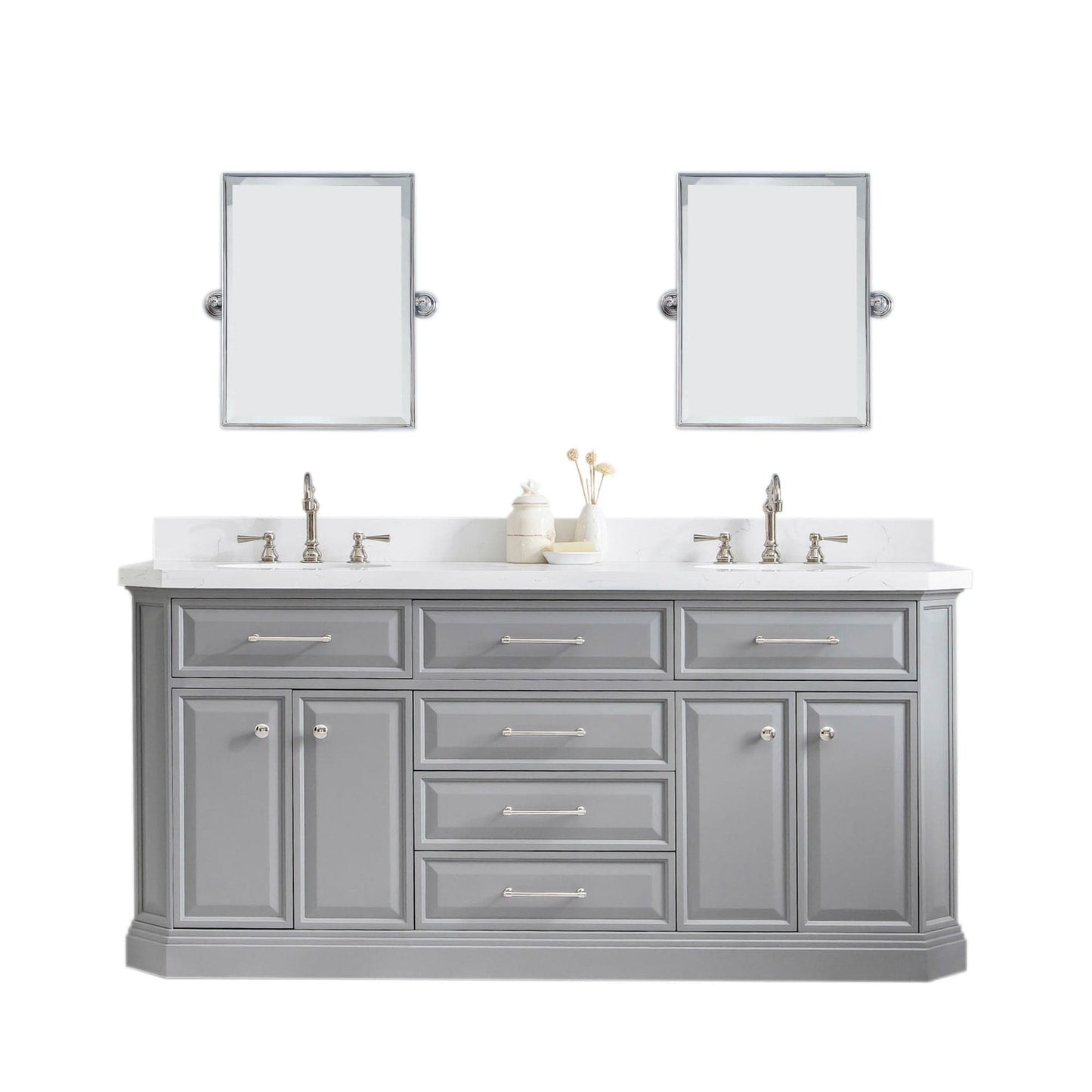 Water Creation PA72QZ05CG-E18TL1205 PALACE 72"W x 34"H Cashmere Gray Vanity with Carrara Quartz Countertop + Faucets & Mirror (F2-0012), Polished Nickel Finish Hardware & Mirror