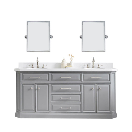 Water Creation PA72QZ05CG-E18TL1205 PALACE 72"W x 34"H Cashmere Gray Vanity with Carrara Quartz Countertop + Faucets & Mirror (F2-0012), Polished Nickel Finish Hardware & Mirror