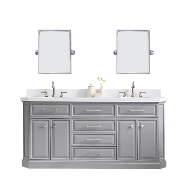 Water Creation PA72QZ05CG-E18TL1205 PALACE 72W x 34H Cashmere Gray Vanity with Carrara Quartz Countertop + Faucets & Mirror (F2-0012), Polished Nickel Finish Hardware & Mirror