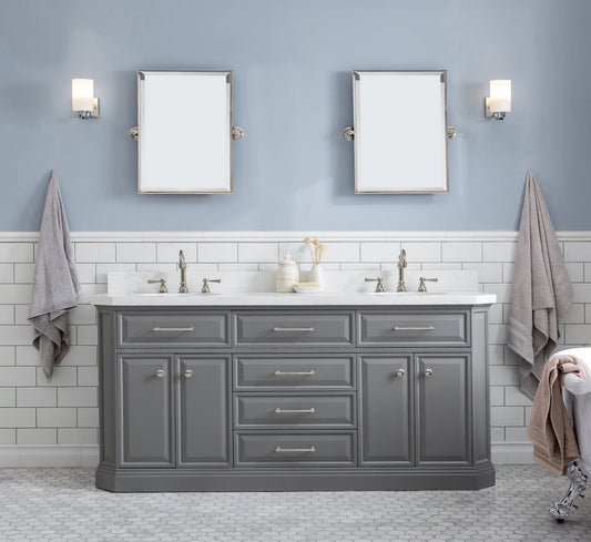 Water Creation PA72QZ05CG-E18TL1205 PALACE 72"W x 34"H Cashmere Gray Vanity with Carrara Quartz Countertop + Faucets & Mirror (F2-0012), Polished Nickel Finish Hardware & Mirror