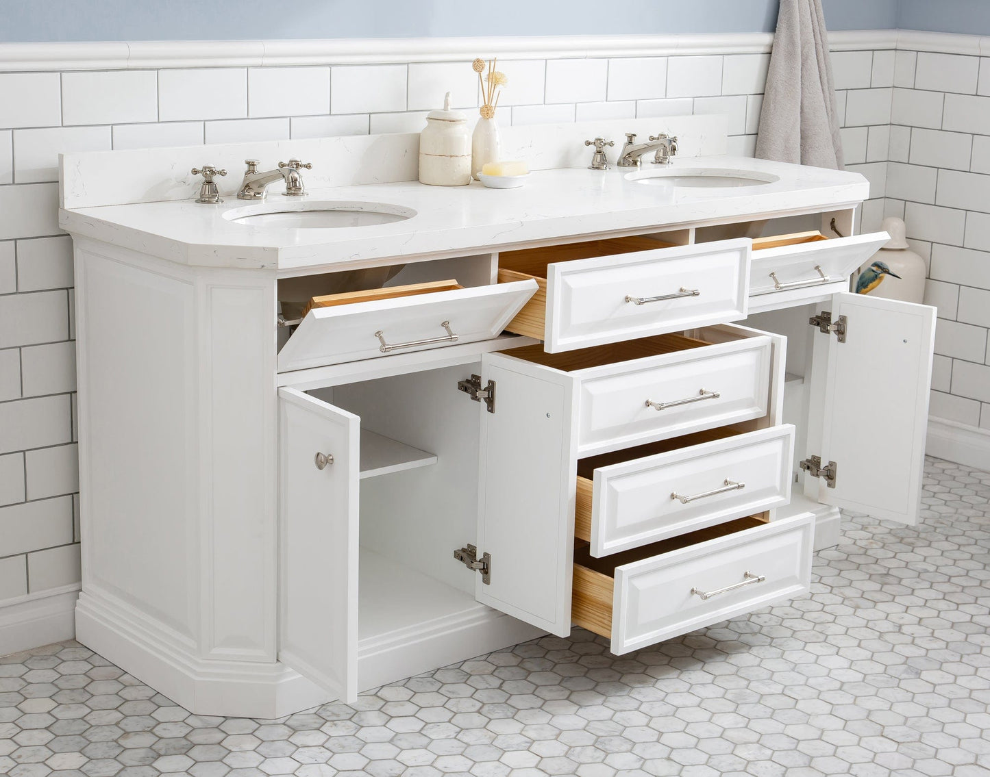 Water Creation PA72QZ05PW-000000000 PALACE 72"W x 34"H Pure White Vanity with Carrara Quartz Countertop, Polished Nickel Finish Hardware (Vanity Only)