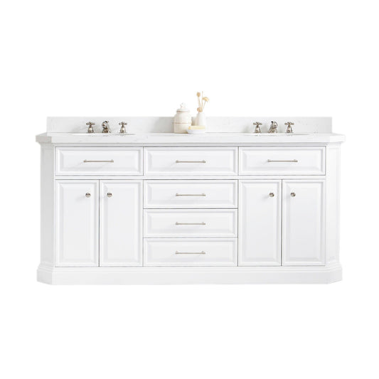 Water Creation PA72QZ05PW-000BX0905 PALACE 72"W x 34"H Pure White Vanity with Carrara Quartz Countertop + Faucets (F2-0009), Polished Nickel Finish Hardware