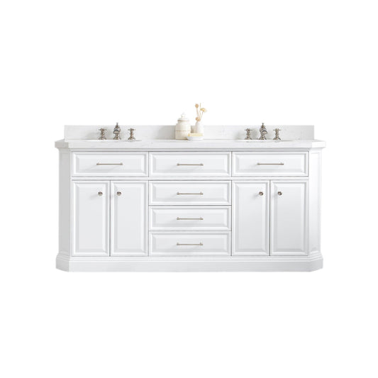 Water Creation PA72QZ05PW-000FX1305 PALACE 72"W x 34"H Pure White Vanity with Carrara Quartz Countertop + Faucets (F2-0013), Polished Nickel Finish Hardware