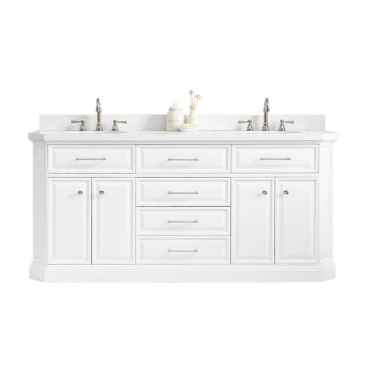 Water Creation PA72QZ05PW-000TL1205 PALACE 72"W x 34"H Pure White Vanity with Carrara Quartz Countertop + Faucets (F2-0012), Polished Nickel Finish Hardware