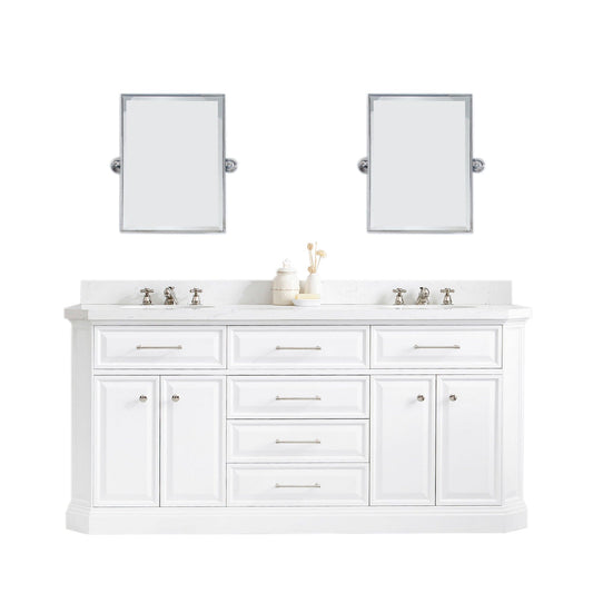 Water Creation PA72QZ05PW-E18000000 PALACE 72"W x 34"H Pure White Vanity with Carrara Quartz Countertop + Mirror, Polished Nickel Finish Hardware & Mirror