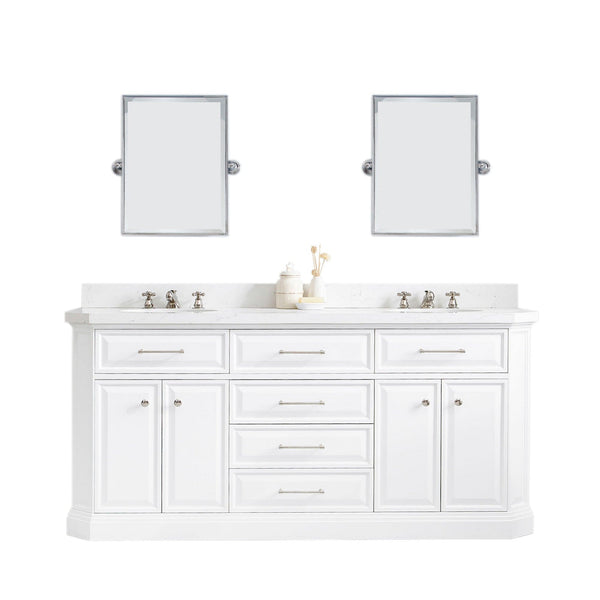 Water Creation PA72QZ05PW-E18000000 PALACE 72W x 34H Pure White Vanity with Carrara Quartz Countertop + Mirror, Polished Nickel Finish Hardware & Mirror