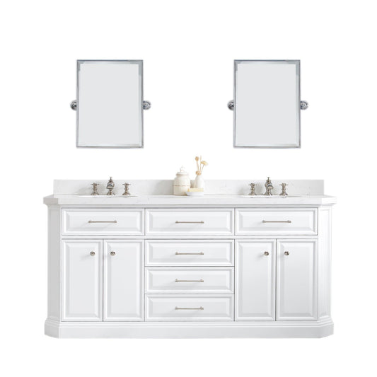 Water Creation PA72QZ05PW-E18FX1305 PALACE 72"W x 34"H Pure White Vanity with Carrara Quartz Countertop + Faucets & Mirror (F2-0013), Polished Nickel Finish Hardware & Mirror