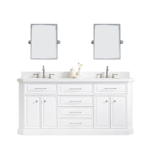 Water Creation PA72QZ05PW-E18TL1205 PALACE 72"W x 34"H Pure White Vanity with Carrara Quartz Countertop + Faucets & Mirror (F2-0012), Polished Nickel Finish Hardware & Mirror