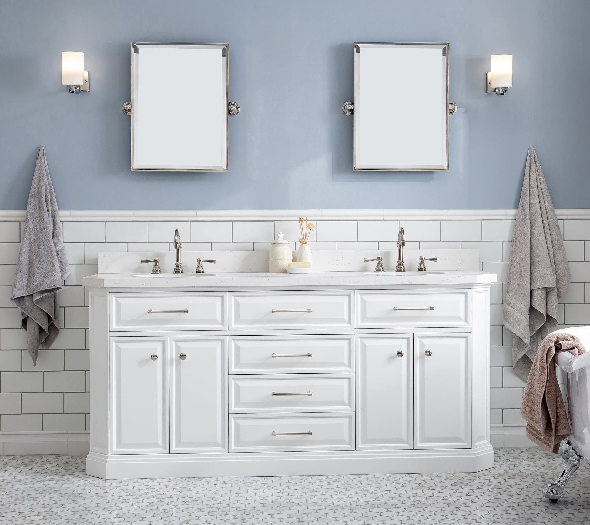 Water Creation PA72QZ05PW-E18TL1205 PALACE 72"W x 34"H Pure White Vanity with Carrara Quartz Countertop + Faucets & Mirror (F2-0012), Polished Nickel Finish Hardware & Mirror