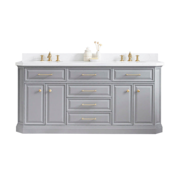 Water Creation PA72QZ06CG-000000000 PALACE 72W x 34H Cashmere Gray Vanity with Carrara Quartz Countertop + Mirrors, Satin Gold Finish Hardware & Chrome Finish Mirror (A)