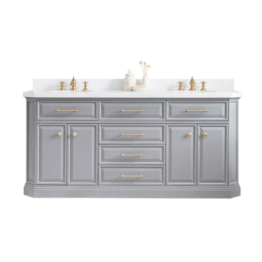 Water Creation PA72QZ06CG-000FX1306 PALACE 72"W x 34"H Cashmere Gray Vanity with Carrara Quartz Countertop + Faucets & Mirrors (F2-0013), Satin Gold Finish Hardware & Chrome Finish Mirror (A)