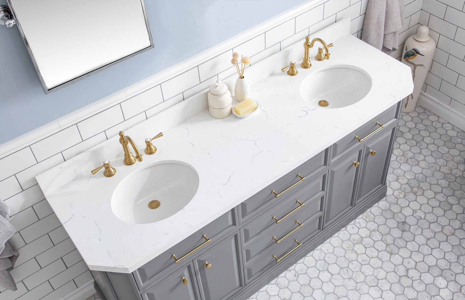 Water Creation PA72QZ06CG-000TL1206 PALACE 72"W x 34"H Cashmere Gray Vanity with Carrara Quartz Countertop + Faucets & Mirrors (F2-0012), Satin Gold Finish Hardware & Chrome Finish Mirror  (A)